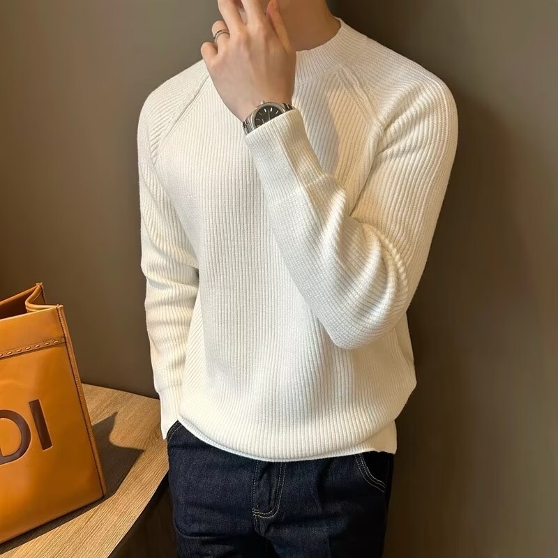 Factory wholesale of solid-color casual inner layer sweaters, men's pullover, jacquard fine striped slimming base knitted sweaters for autumn and winter Specification image