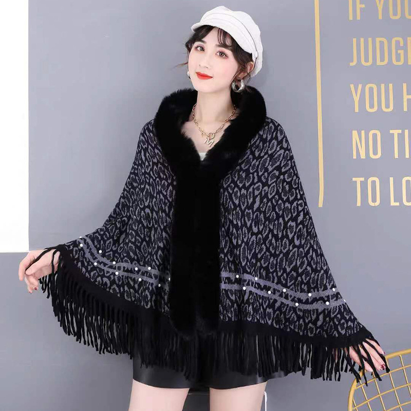 2021 Autumn And Winter New Cape Cape Europe And The United States Cross-Border Fringe Color Leopard Print Fashion Fur Collar Head Knitting Warm details Picture