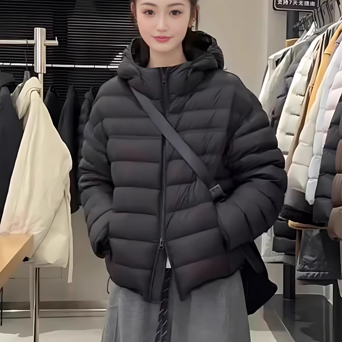 Hooded short down jacket with ribs for women, light and warm in winter, loose, fashionable and versatile white duck down casual coat pic 4
