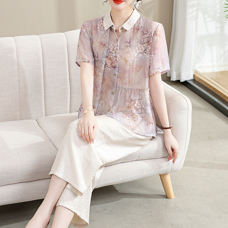 中年妈妈夏装棉麻套装洋气2024新款中老年女夏季短袖衬衫上衣薄款