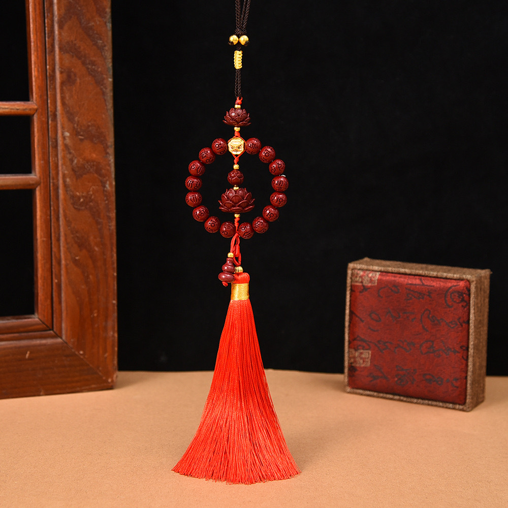 New six-character true words bead ring tassel car pendant, cinnabar lotus, little deer car rearview mirror interior hanging accessory, national trend Item Picture