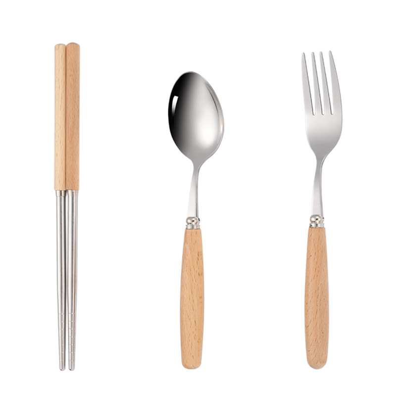 Pure Wooden Handle Tableware Set Stainless Steel Convenient Three-Piece Children's Soup Spoon Chopsticks Fork Spoon Student Gift Application Scenario