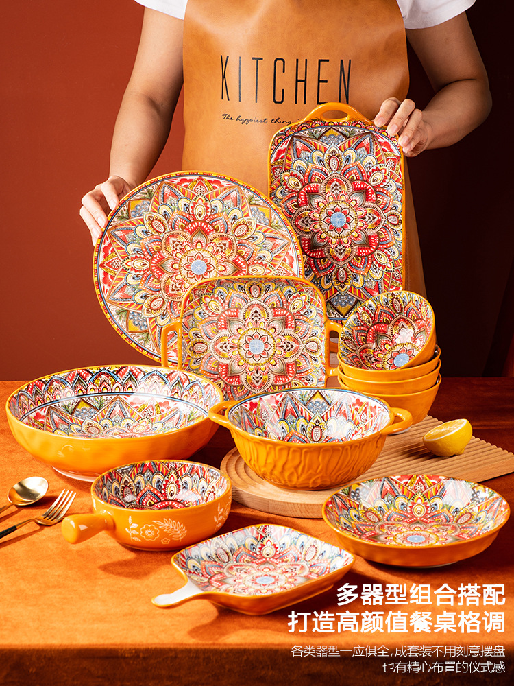 批发波西米亚/新款轻奢皇冠/新款轻奢皇冠/陶瓷汤锅/陶瓷孔雀餐盘/柚下彩陶瓷碗盘/陶瓷餐盘套装产品图