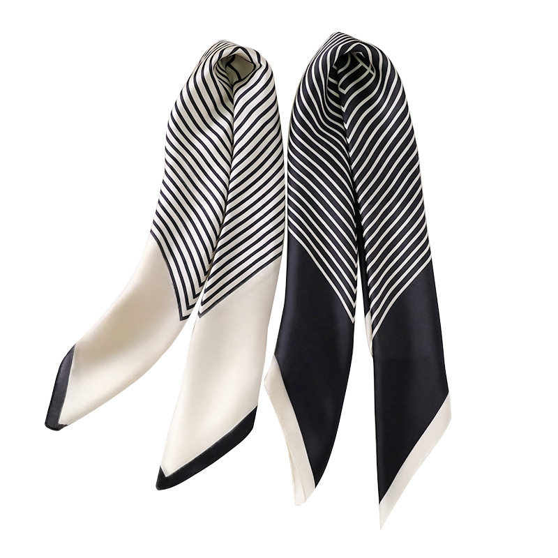 Wholesale of striped black and white printed silk scarves for women, simple Korean-style fashionable faux silk square scarves with ins decoration Item Picture