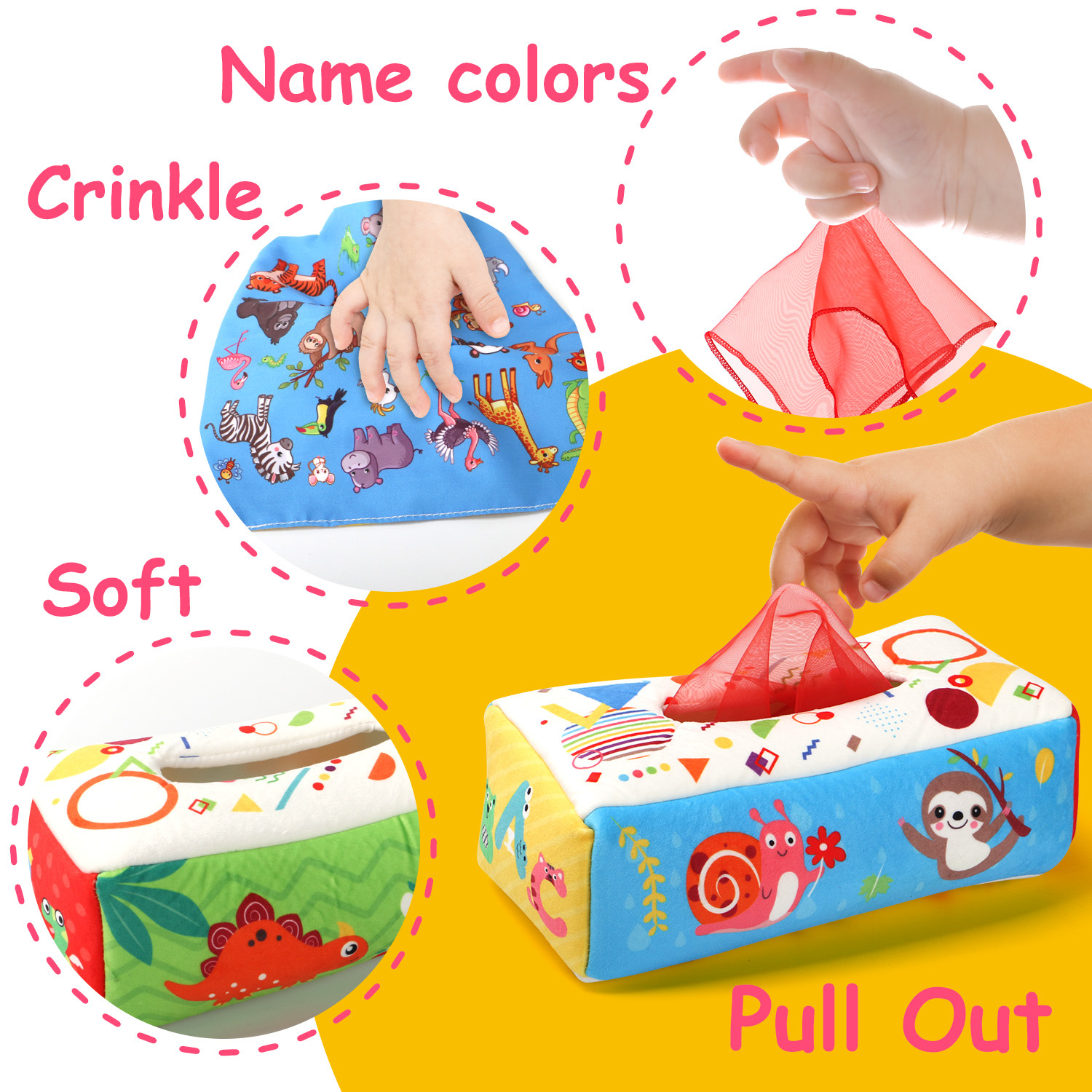 Cross-border baby plush tissue box toy baby tissue cloth simulation learning exercise finger puzzle toy Specification drawing