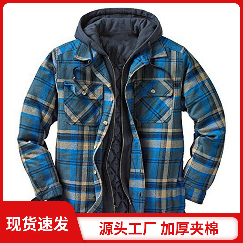 Foreign Trade New Men's Autumn And Winter Thickened Cotton-Padded Men Plaid Printed Loose Hooded Coat Jacket Sy0004