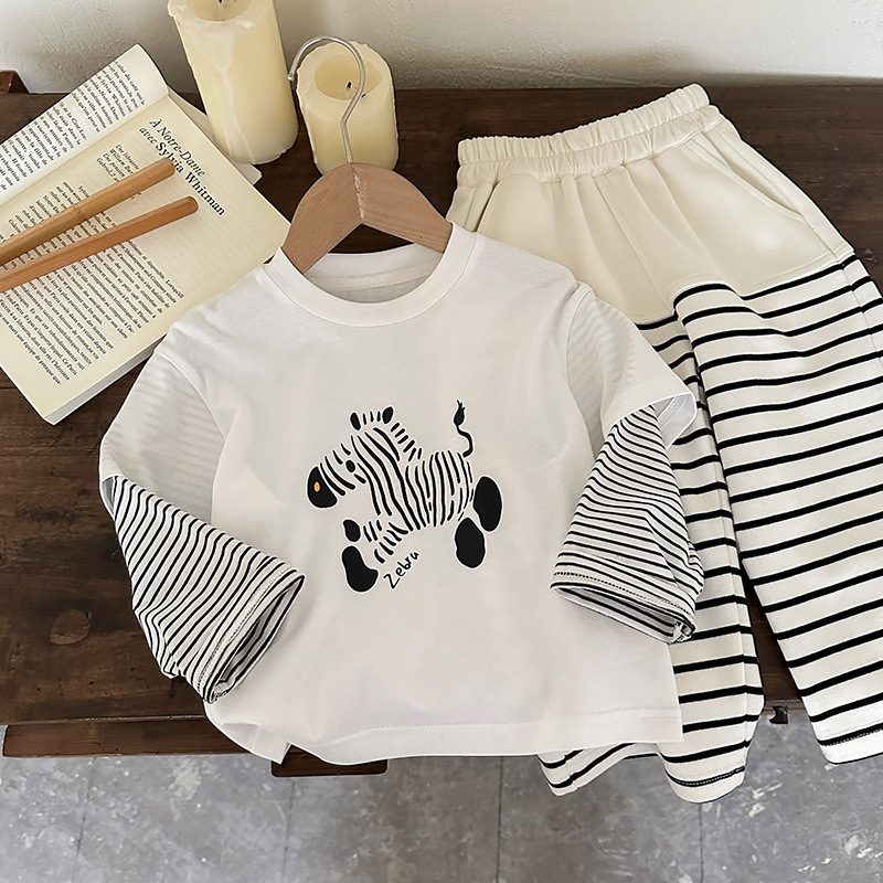 儿童长袖T恤2025春季新款男女童卡通条纹假两件t宝宝休闲打底衫潮