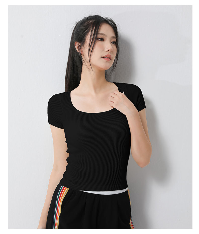 罩衫夏季带胸垫一体杯U领修身显瘦跑步普拉提健身衣短袖女t恤衣服详情13