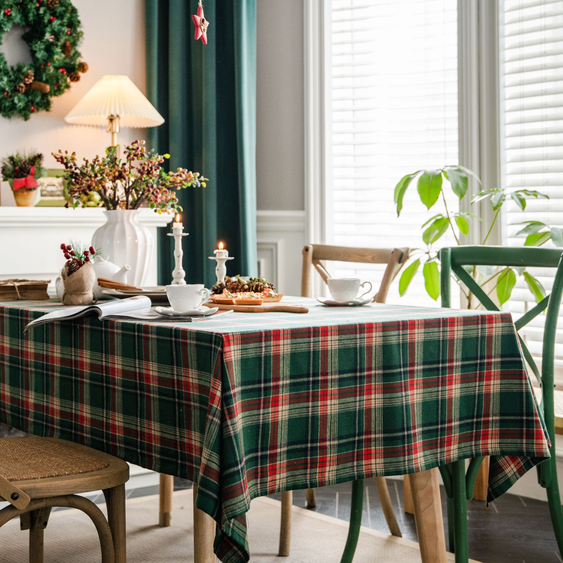 伊缦琪韵桌布色织绿色格子圣诞节日餐桌布美式布艺长方形厂家直供