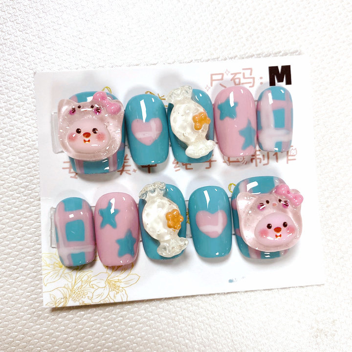 纯手工穿戴甲成品假指甲贴片果冻胶10片卡通立体彩绘短款m号详情24