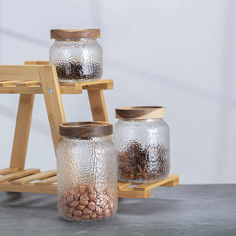 Acacia Wood Cover Straight Tube Glass Snack Storage Jar Multi-Specification Transparent Glass Multi-Grain Storage Jar Tea Seal Jar details Picture