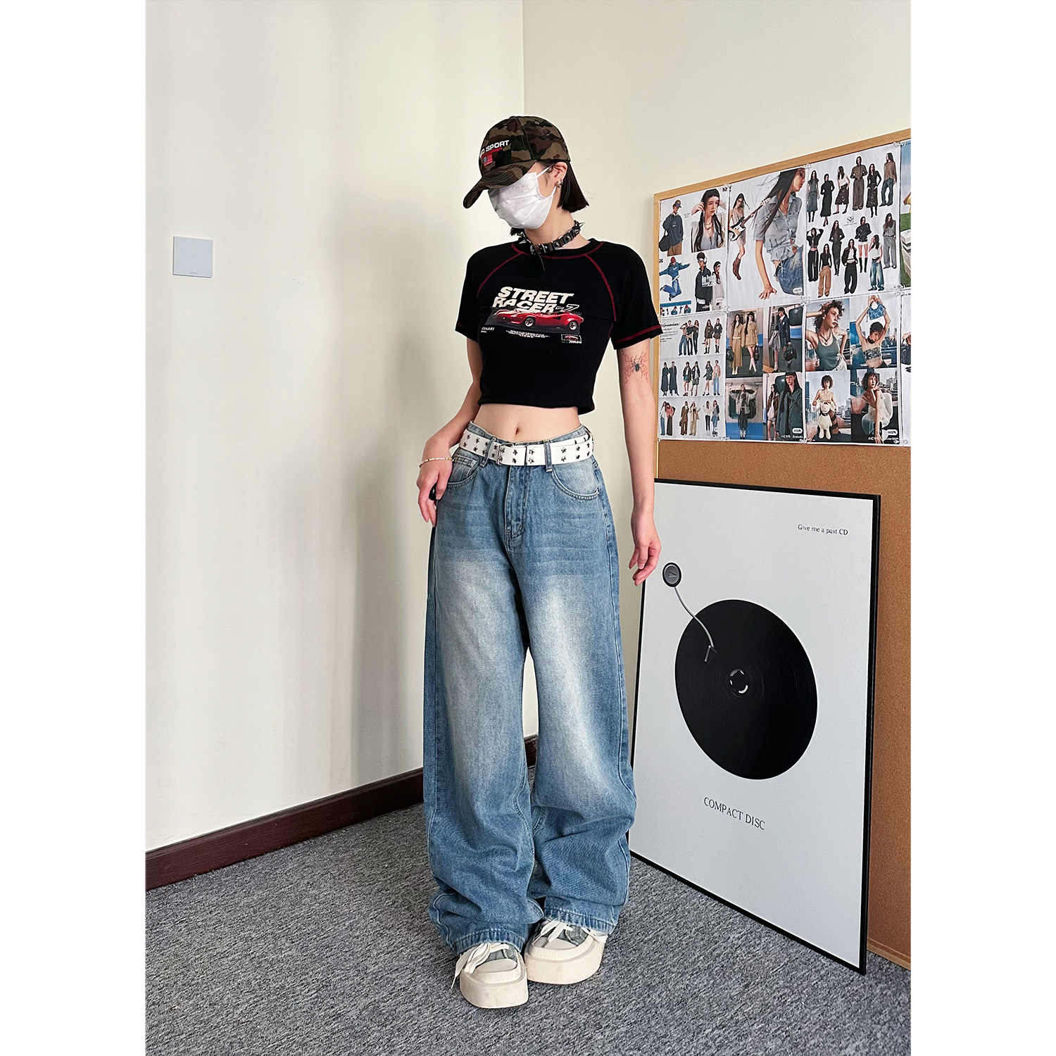 carmour|韩版复古中腰牛仔裤男女浅蓝色水洗设计感宽松直筒阔腿裤