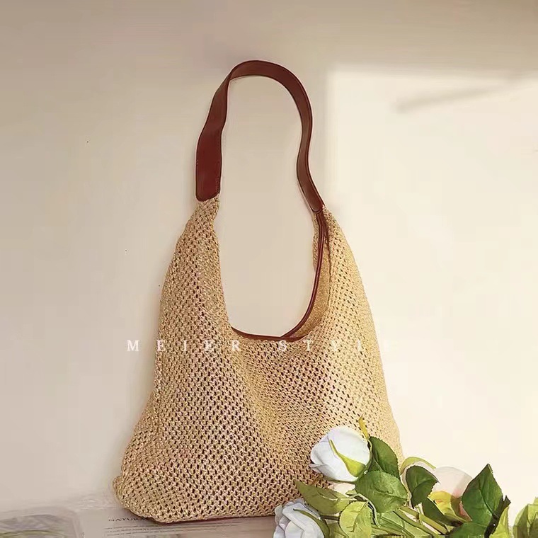Retro woven tote bag, straw woven bag, 2024 new large-capacity underarm bag, single-shoulder bag, vacation-style beach bag for women details Picture