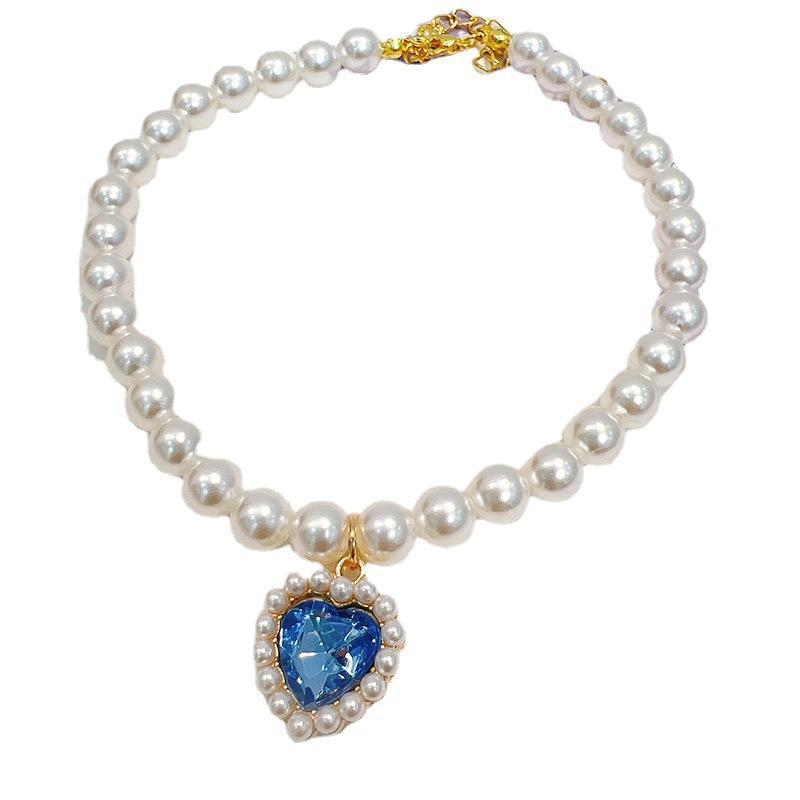Wholesale of pet pearl necklaces, cat collars, puppy heart crystal pendants, teddy neck cute decorations Item Picture