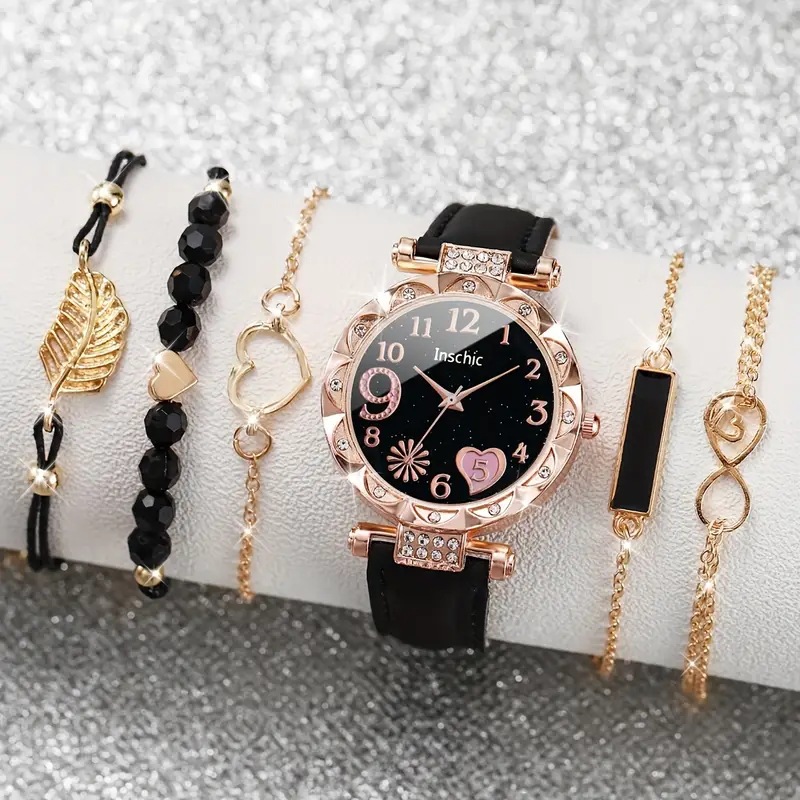New Women's Diamond Dial Belt Quartz Watch Beaded Bracelet Set 6Pcs/Set details Picture