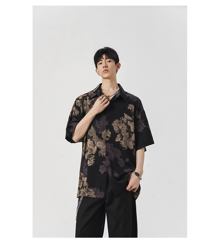 NASA短袖花衬衫男士夏季薄款痞帅冰丝速干碎花休闲翻领男衬衣潮牌详情8