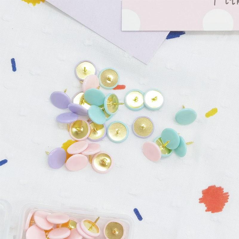 Lidemei Cultural and Creative Macaron-colored plastic-coated thumbtacks, creative and fresh, gold-like flat-headed cute thumbtacks, message board nails details Picture