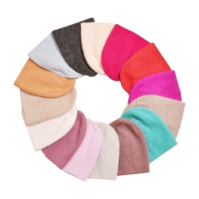 Angora Rabbit Hair High Spring Hat Women's Winter Knitted Pullover Hat Ski Hat Warm Earflaps Pile Hat details Picture