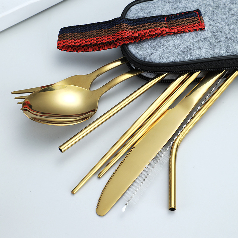 Amazon's best-selling 1010 stainless steel portable tableware 7-piece set, bagged camping colorful knife, fork, spoon and straw set details Picture