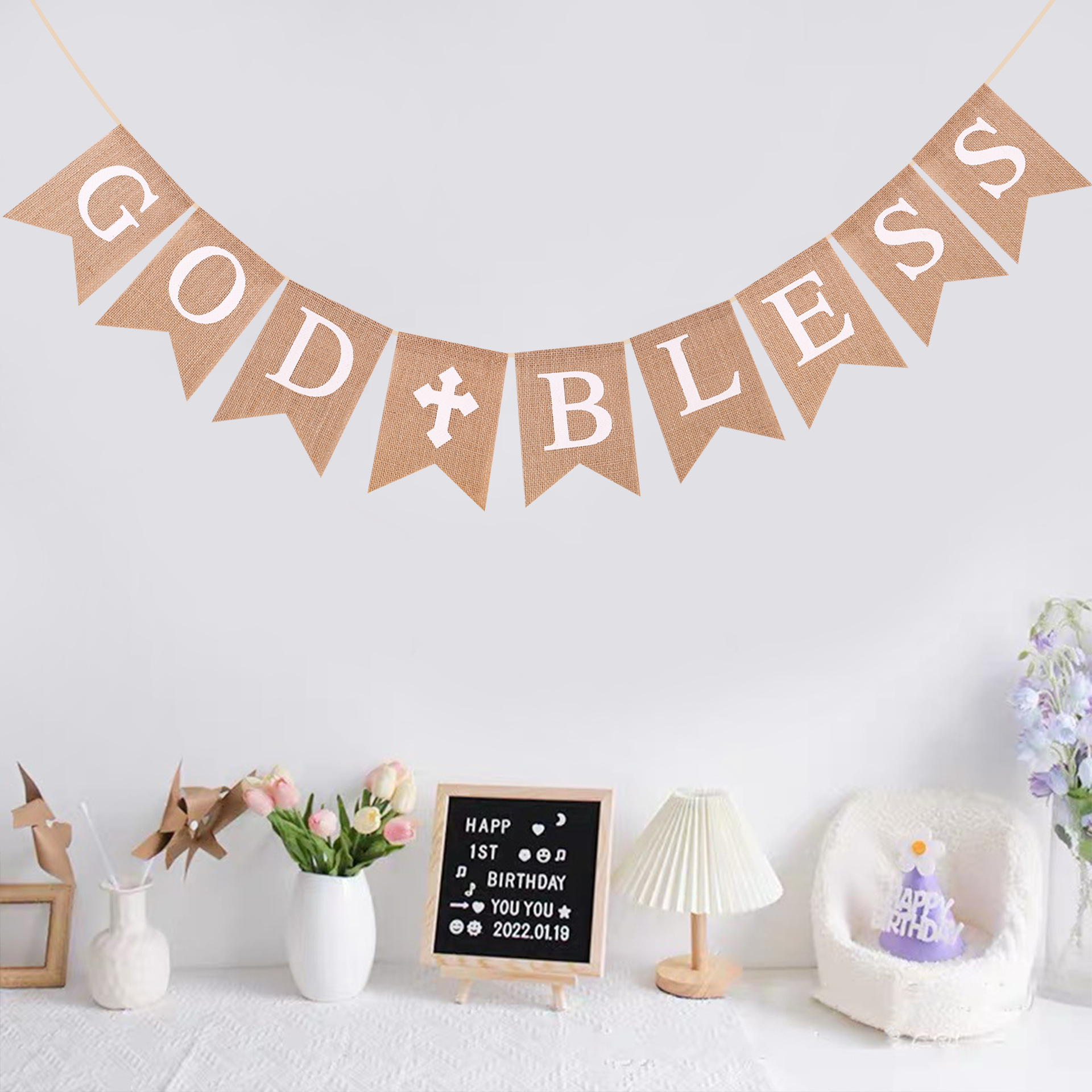 GOD BLESS洗礼祝福派对装饰麻布燕尾旗 洗礼现场装饰横幅拉花拉旗