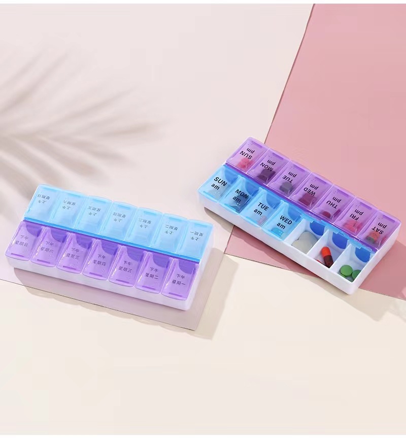 Two-color medicine box packaging box, portable for one week, 7-day medicine box classification, 14-compartment storage box, PP plastic box Specification image