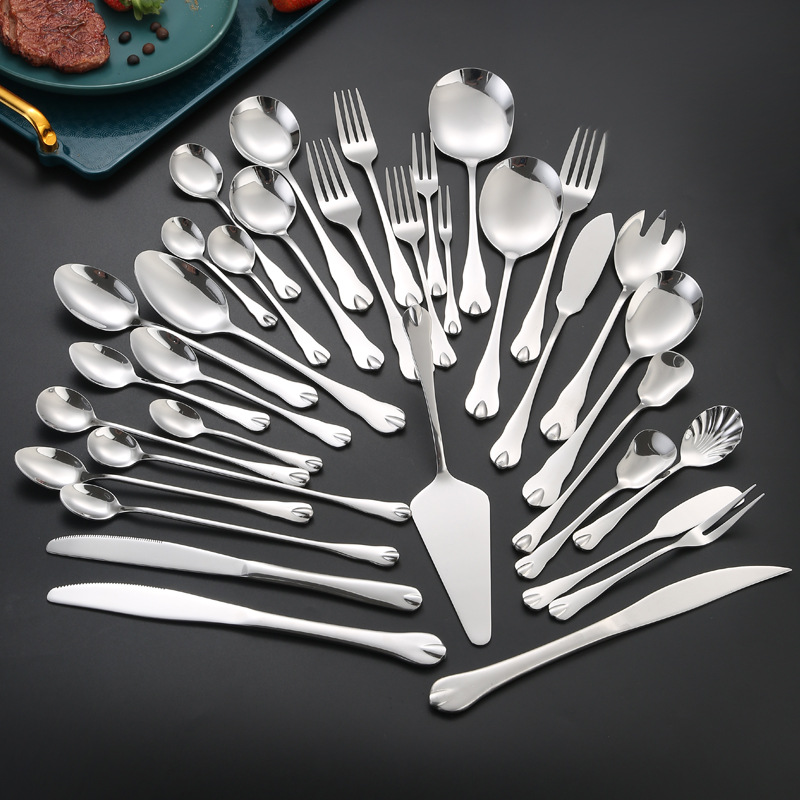 Stainless steel spoons, household tableware, knife, fork and spoon sets, water drop series pointed round spoons, wholesale Western forks, coffee spoons