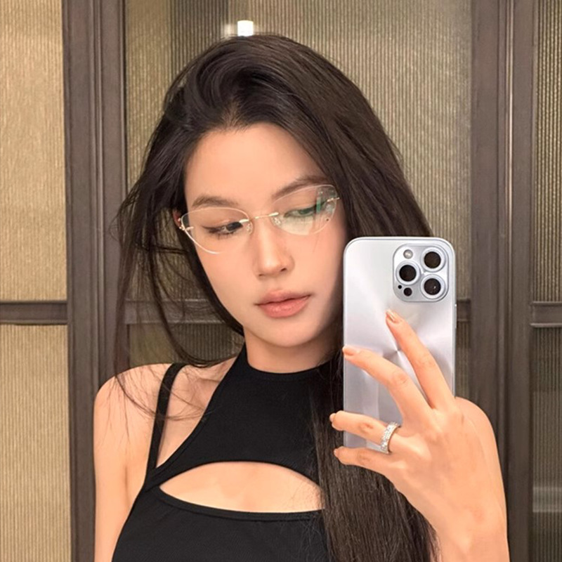纯钛无框猫眼眼镜女超轻舒适防蓝光眼镜架纯欲高级感近视眼镜框