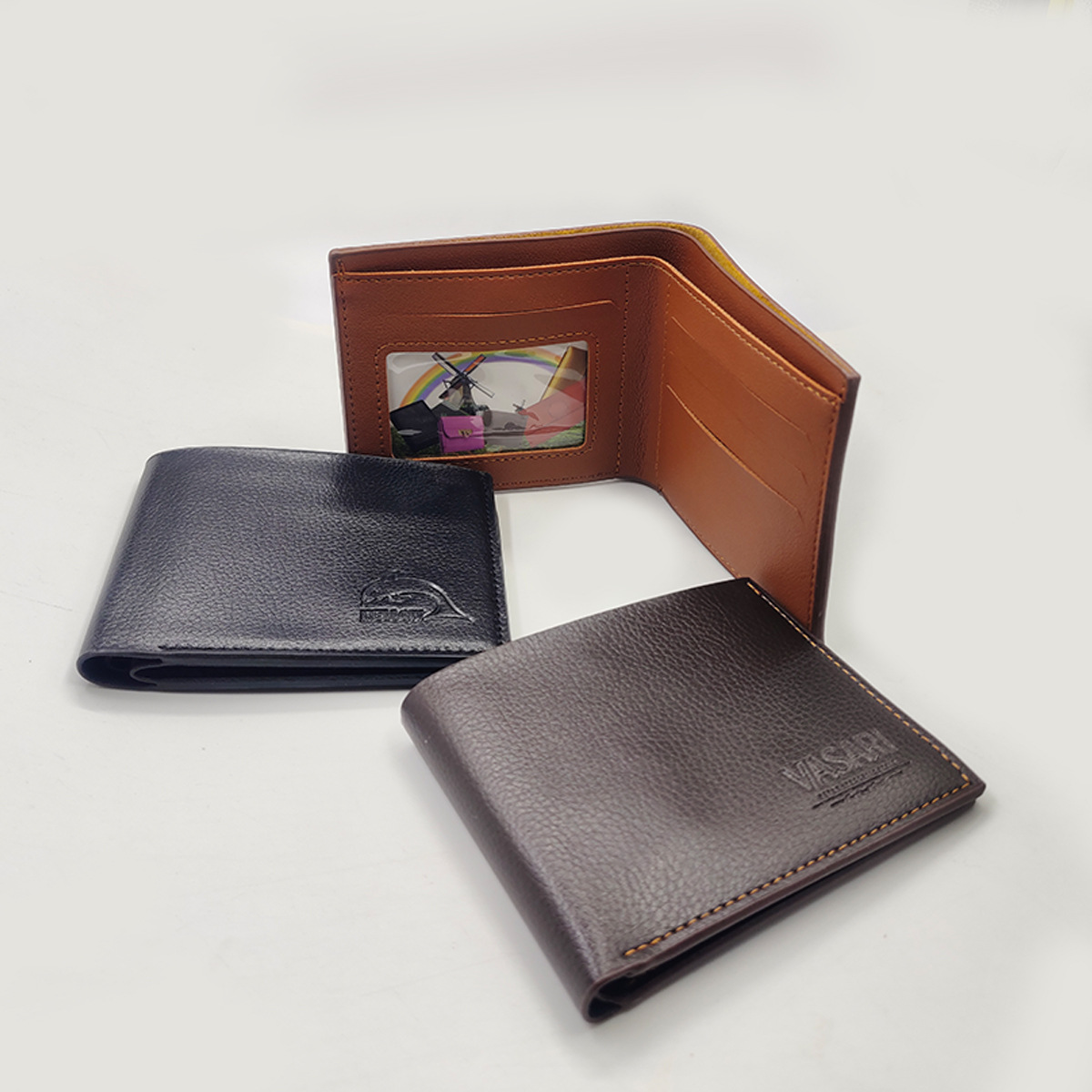 Men's business wallet leather folding wallet with logo printing, simple and fashionable business short card case, cross-border bestseller Specification image