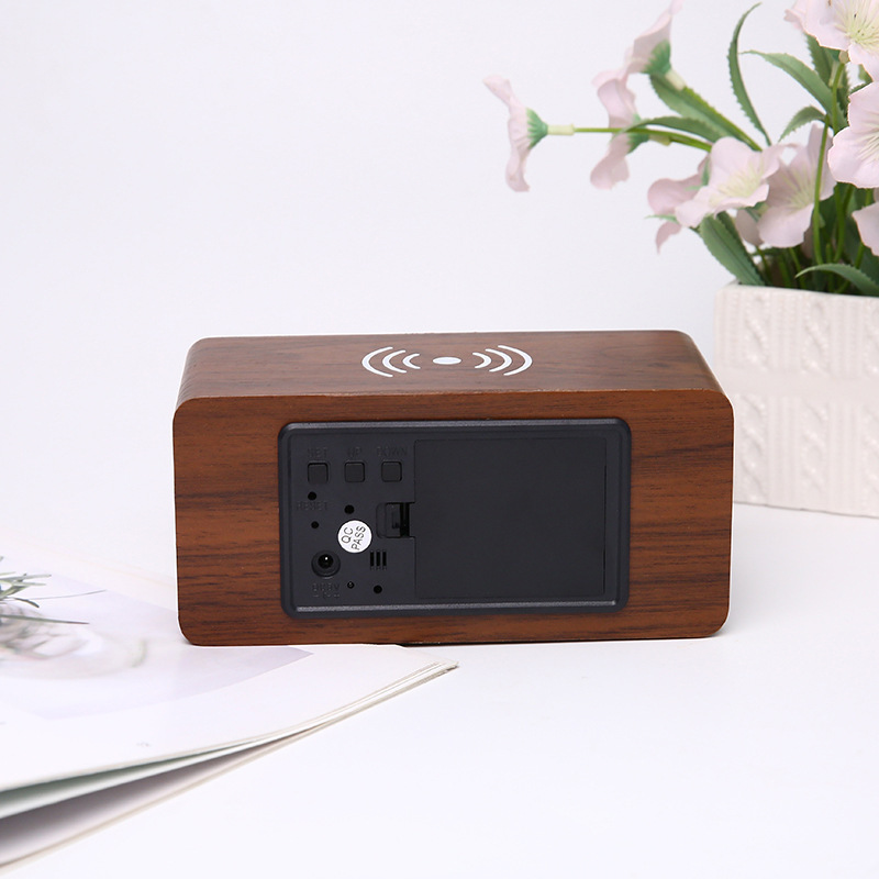 Foreign trade cross-border wireless mobile phone charging, wooden clock, night light dimming, multi-functional voice-controlled electronic clock alarm Specification image
