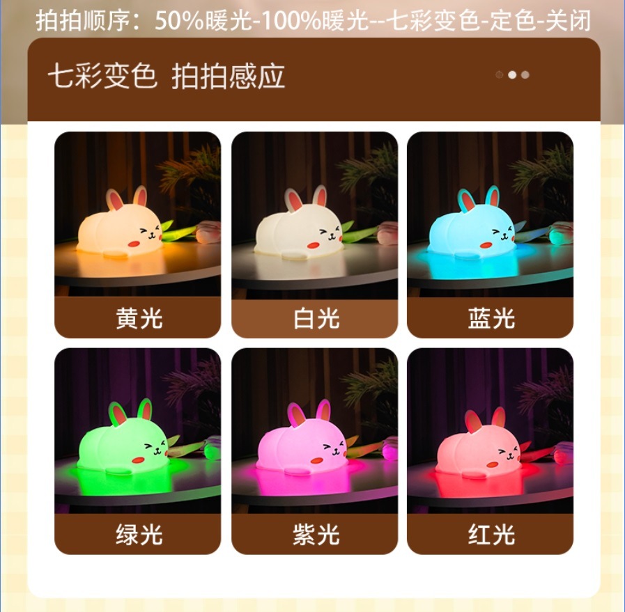 Night light, patting light, cute rabbit, silicone lamp, led night light, charging, seven-color birthday gift, bedside ambient light details Picture