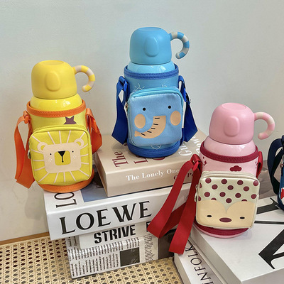 New style female student water bottle, kindergarten cartoon backpack water cup, 316 stainless steel children's straw insulated cup full figure