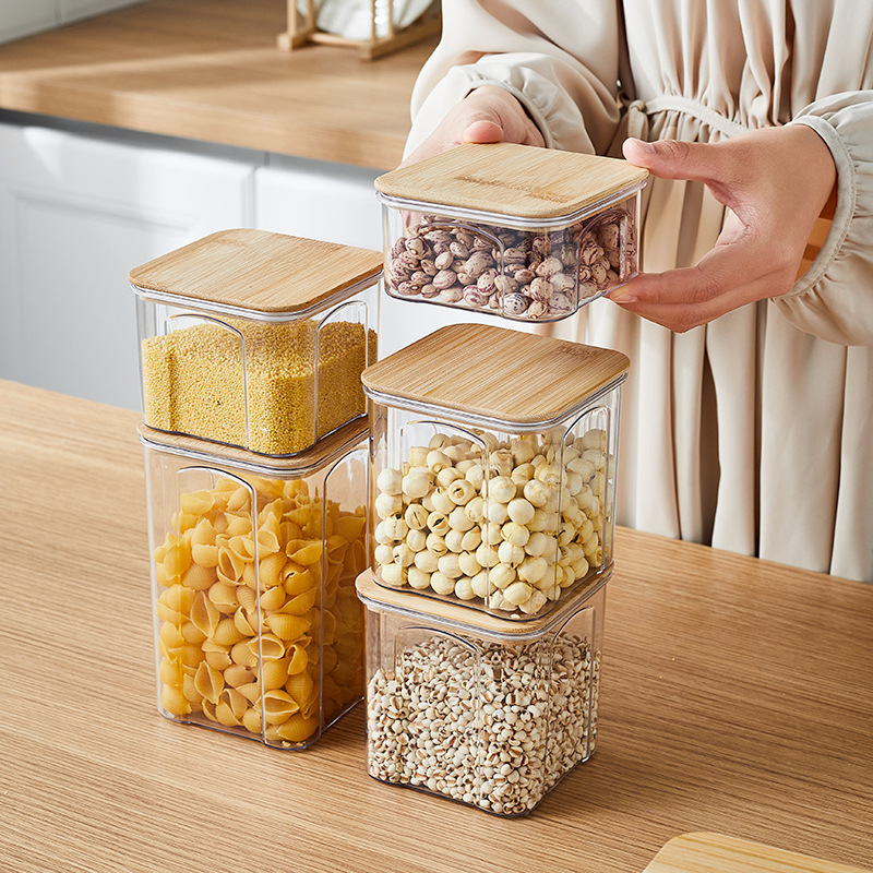 Grain And Miscellaneous Grain Food Sealed Tank Coffee Bean Storage Tank Square Transparent Plastic Storage Tank With Bamboo Cover Storage Box Specification drawing