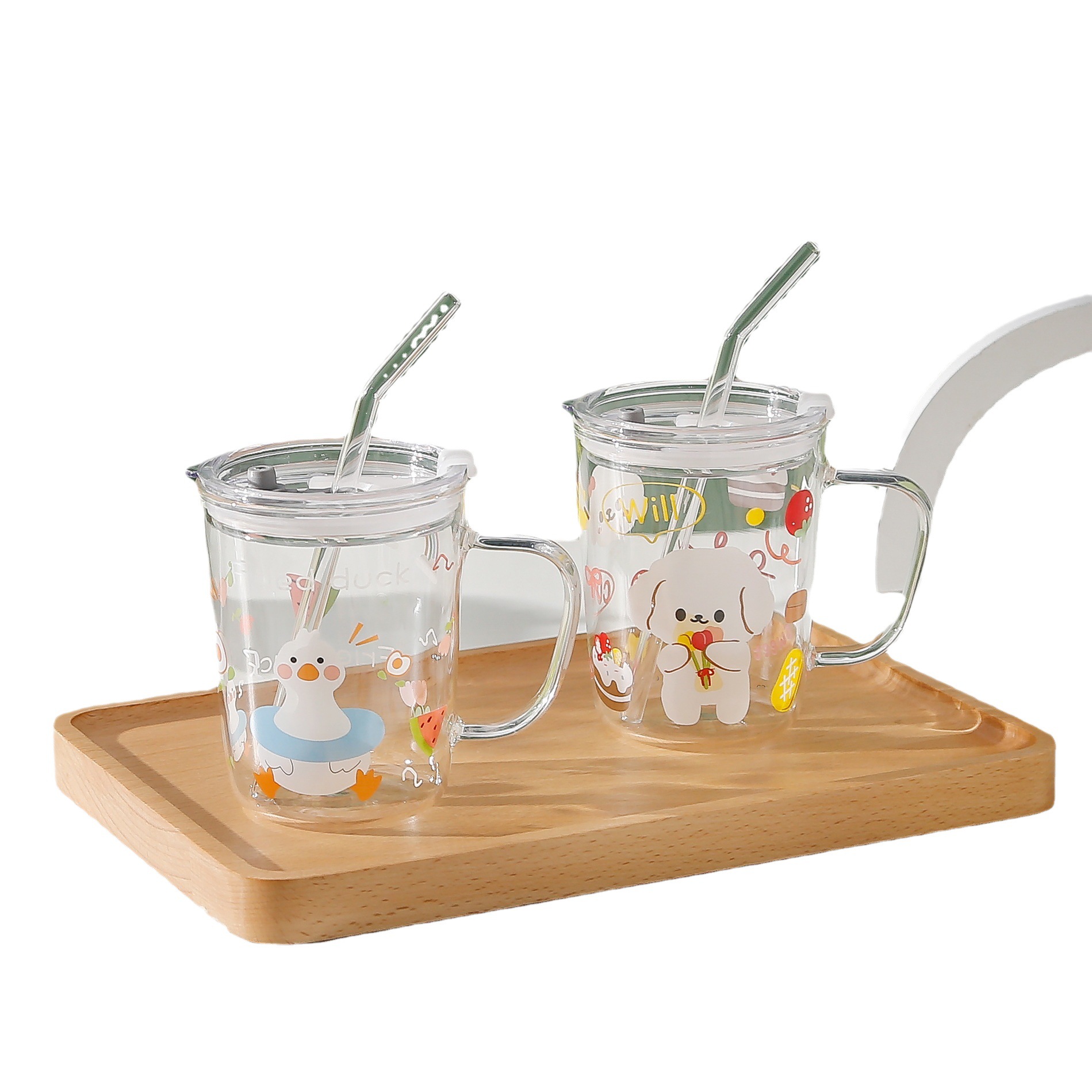 Cartoon bear water cup, high-temperature resistant cup, high appearance level, internet-famous glass cup, ins style, water cup with lid and straw Item Picture