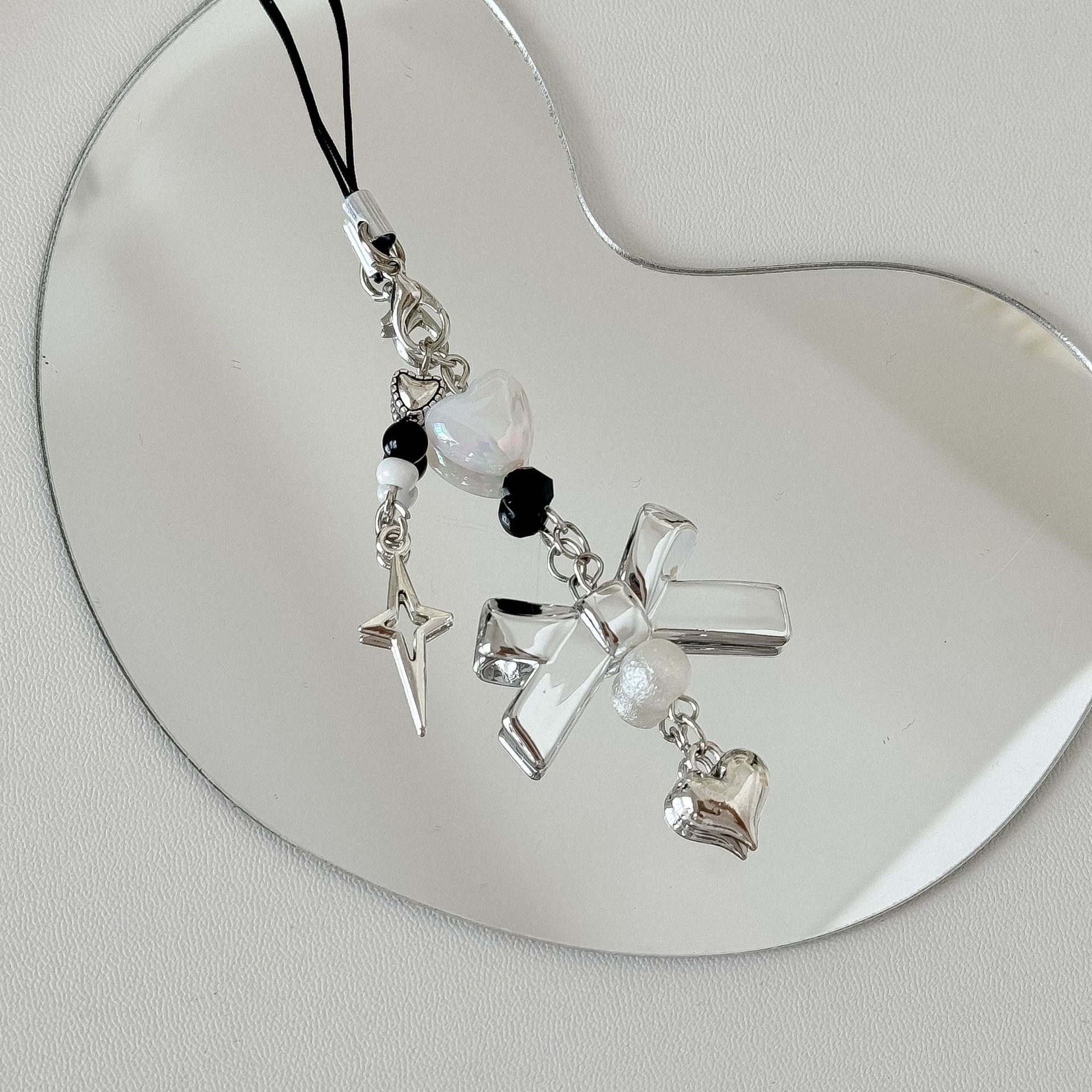 Original Ins-style mobile phone chain, silver bow, versatile hanging accessory, Polaroid Guka pendant, heart-shaped bag hanging Specification image
