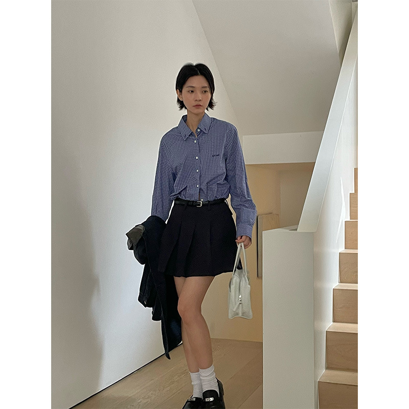 Shijian miu series fashionable intellectual lapel checked shirt for women's Thirteen Lines Autumn New Shirt Trend 02596 details Picture