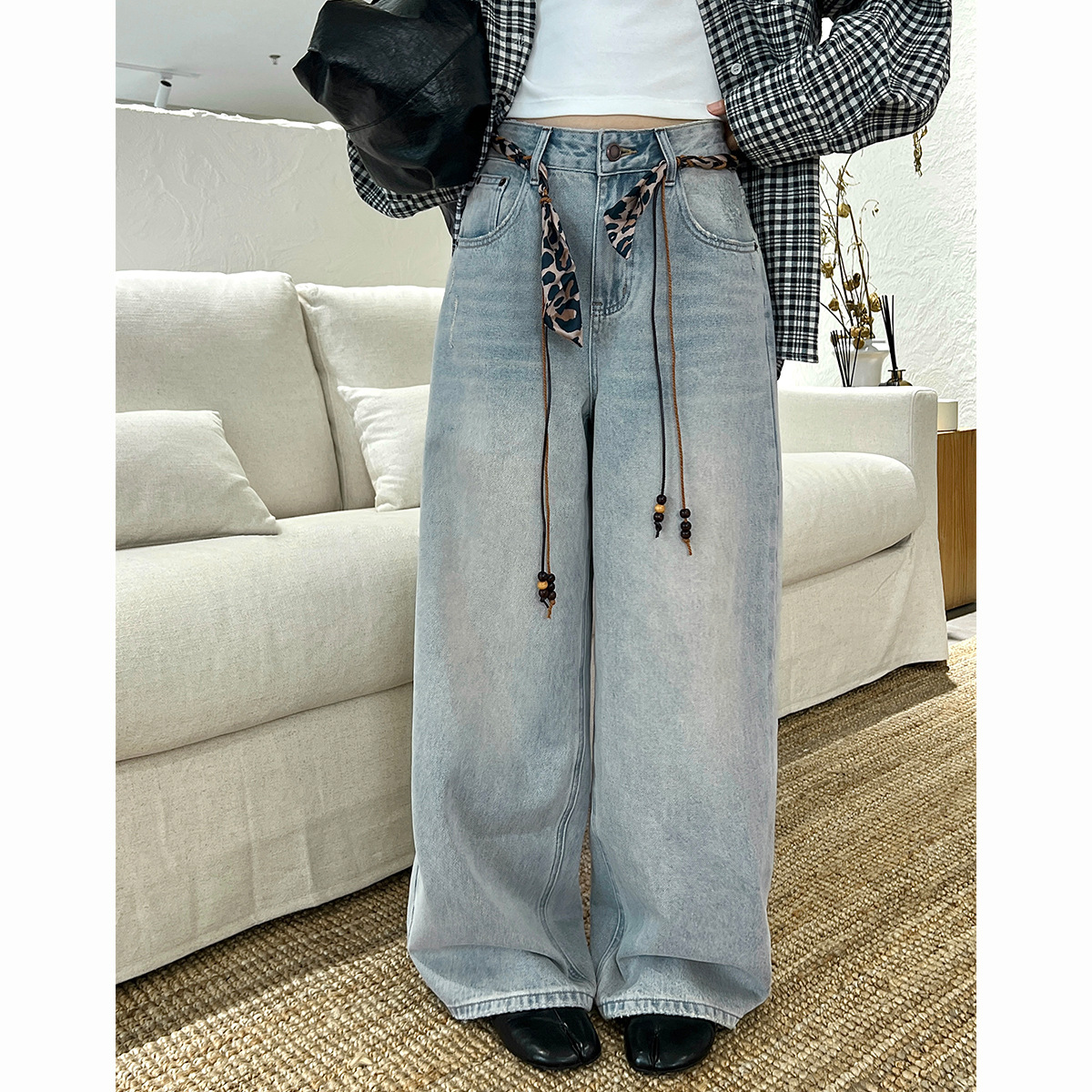 韩版复古怀旧蓝牛仔裤女早秋新款拖地裤93032