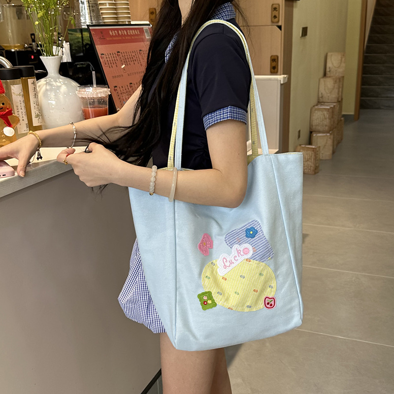 可爱贴布刺绣蓝色双面背包ins单肩布包托特包百搭大容量休闲包