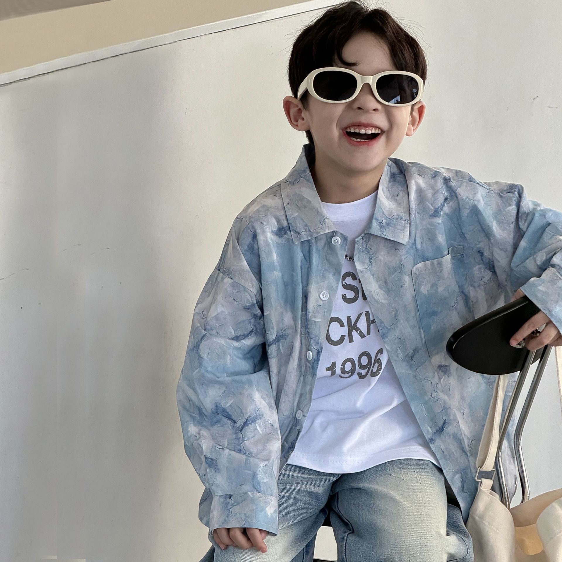 New Spring Korean children's clothing for kids and boys, blue tie-dyed washed cotton loose long-sleeved shirt jacket