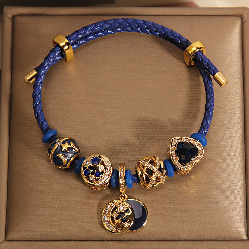 Casa pan estilo azul océano corazón piel cuerda pulsera mujeres verano nicho luz azul de lujo estrella luna BFF pulsera pulsera