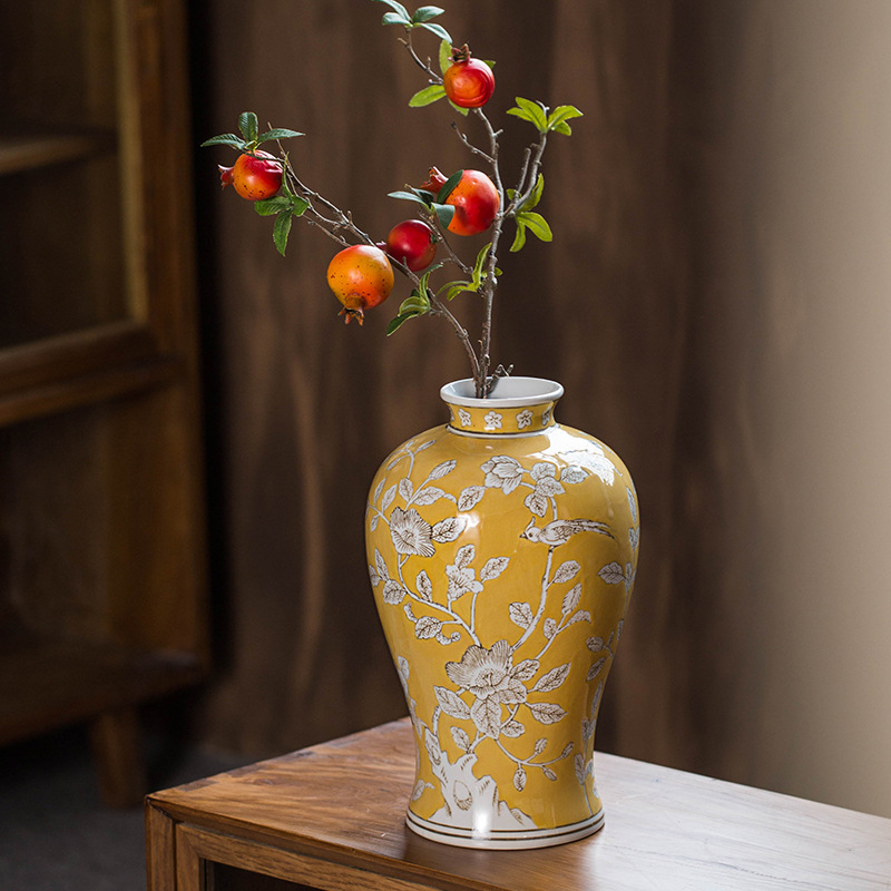 黄色复古花瓶新中式手绘陶瓷花器陶瓷美式装饰复古玄关瓷器高级感