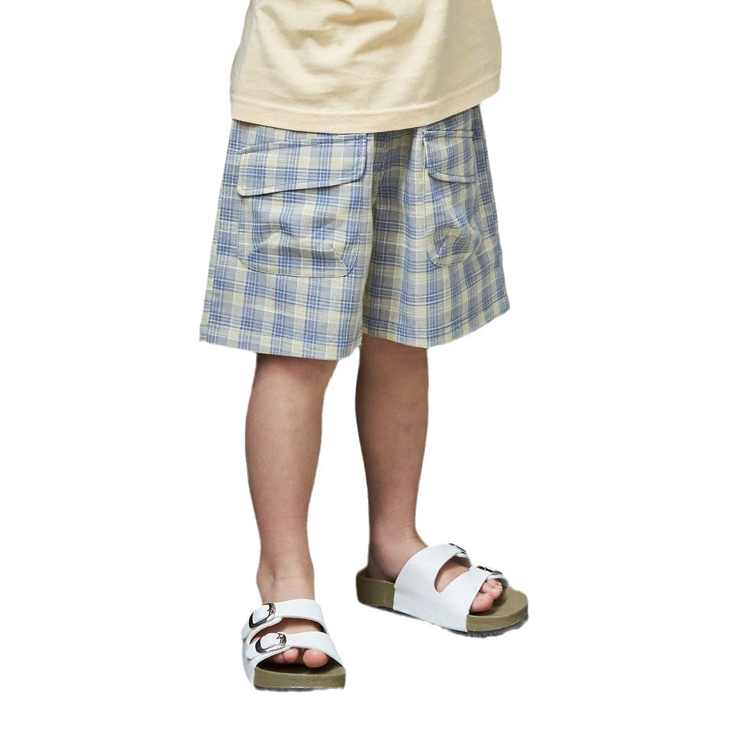 Children's checkered shorts, new summer style for boys and girls, Korean-style large pocket sportswear pants, baby casual capri pants Item Picture