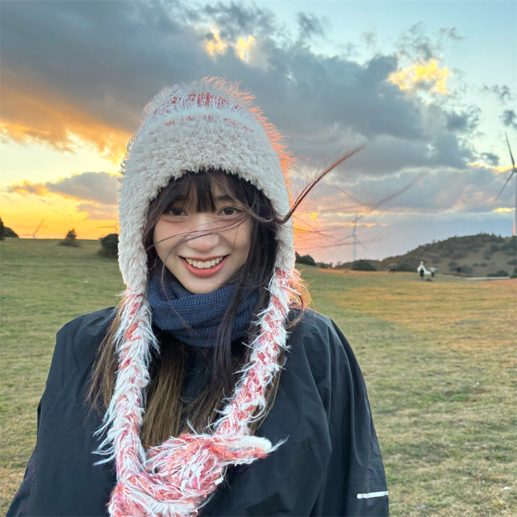 Striped Knitted Splicing Ethnic Style Woolen Hat Women's Autumn And Winter Thick Warm Ear Protection Hat Sleeve Color Contrast Face Small