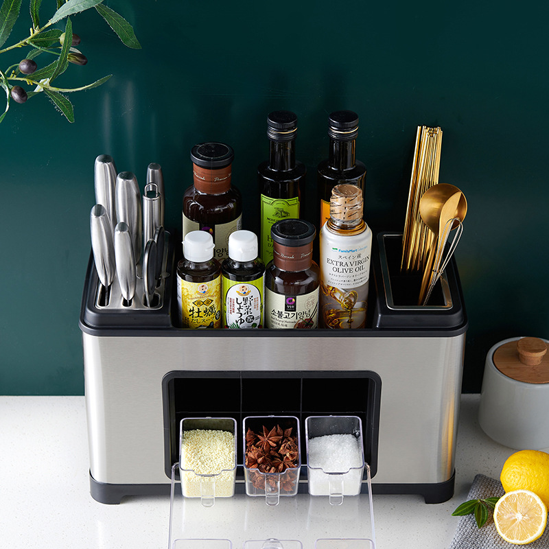 Kitchen multi-functional stainless steel storage, seasoning rack, storage box, seasoning jar, knife rack combination set storage rack details Picture