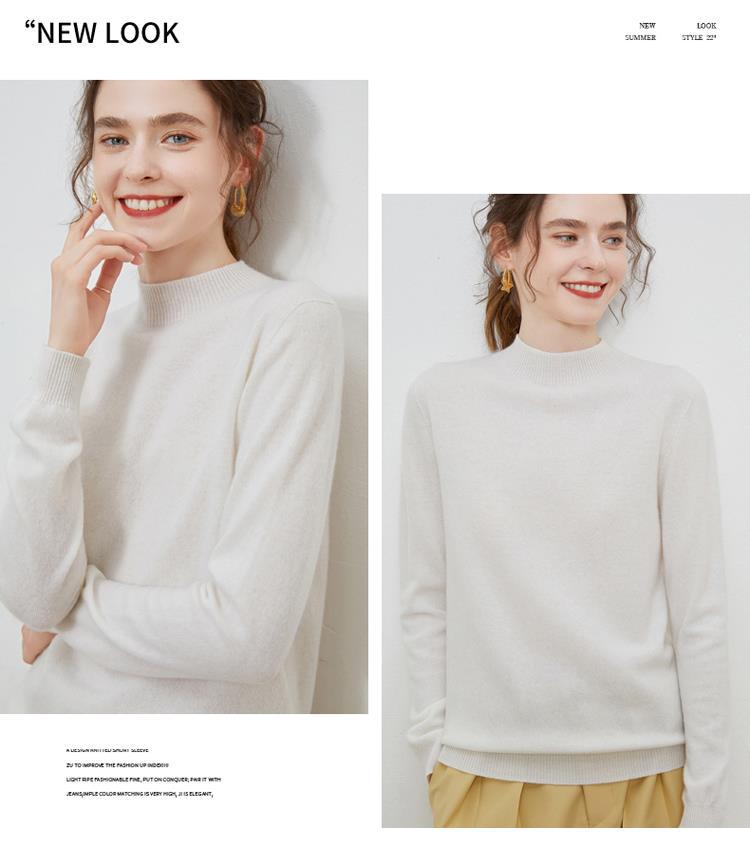 100% ready-to-wear wool sweater for women, semi-high neck, autumn and winter solid color loose pullover, Korean-style knitted base layer sweater pic 38