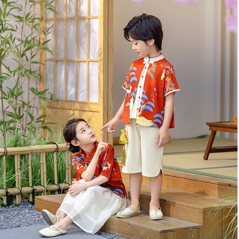 Children's clothing, boys' summer short-sleeved Hanfu set, children's two-piece set, baby Chinese style and national trend Tang suit, Internet celebrity performance Application Scenario