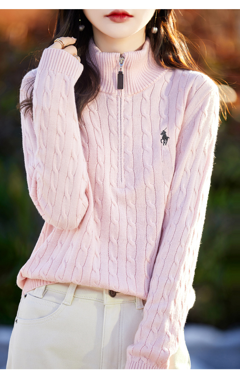 秋冬麻花针织衫女半开领拉链保罗慵懒宽松套头毛衣显瘦上衣打底衫详情15