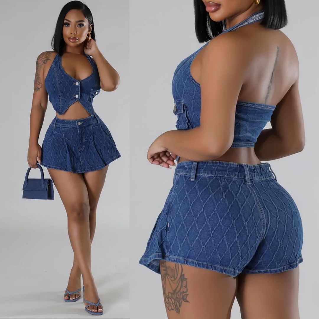 51085 Cross-border supply: European and American fashion slimming neckband Button Washable Sleeveless Stretch Casual Denim Set