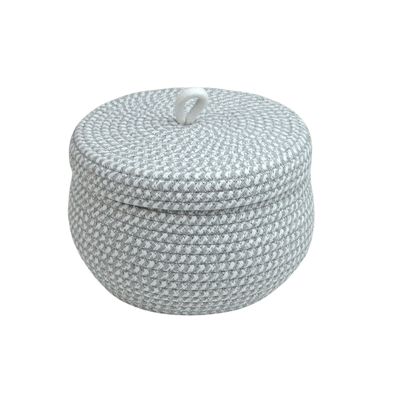 Desktop Storage Basket With Cover Dustproof Cosmetics Snacks Sundry Round Storage Basket Handmade Cotton Rope Woven Egg Basket Item Picture