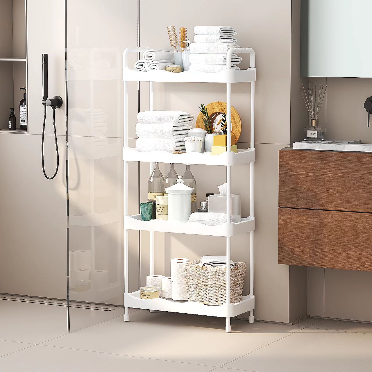 New Household Bathroom Shelf Floor Multi-Storey Bathroom Bathroom Gap Storage Shelf Manufacturers Wholesale Application Scenario