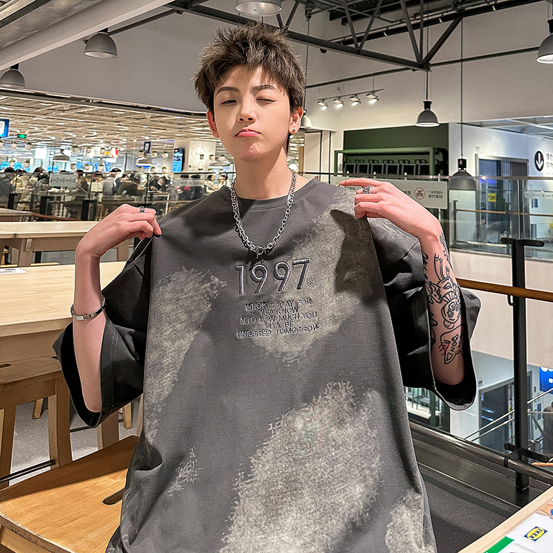 刺绣扎染T恤短袖男士夏季新款潮牌重磅半袖体恤美式圆领宽松上衣